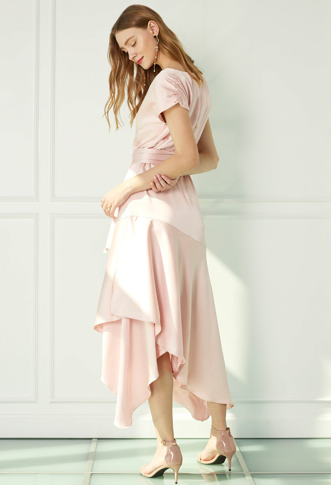 Peach Asymmetric Silk Midi Dress