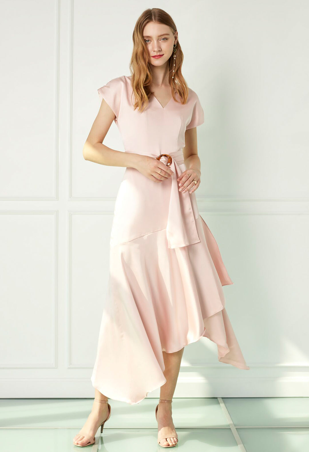 Peach Asymmetric Silk Midi Dress